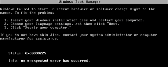 Ошибка 0xc0000225 в Windows 7